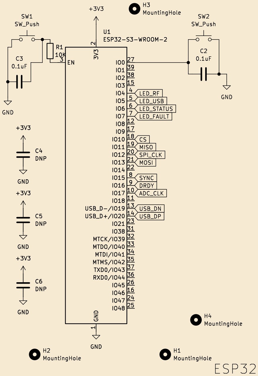 Schematic of the ESP32-S3 module and its support circuitry