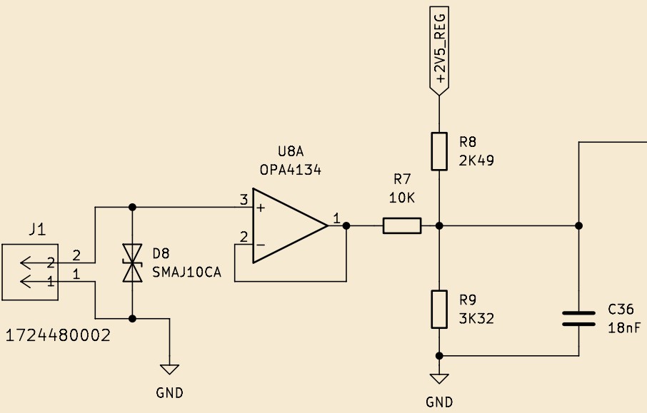 Schematic of the input protection, attenuation, and first gain stage